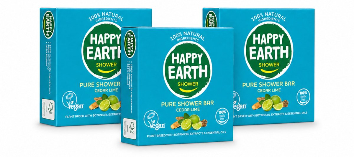 3 x Happy Earth – Shower Bar – 100% Natuurlijk Cedar Lime – 90 g - Voordeelverpakking - 3 stuks