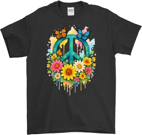 Zwart T-shirt met een turquoise vredesteken, kleurrijke bloemen en vlinders in waterverfstijl.