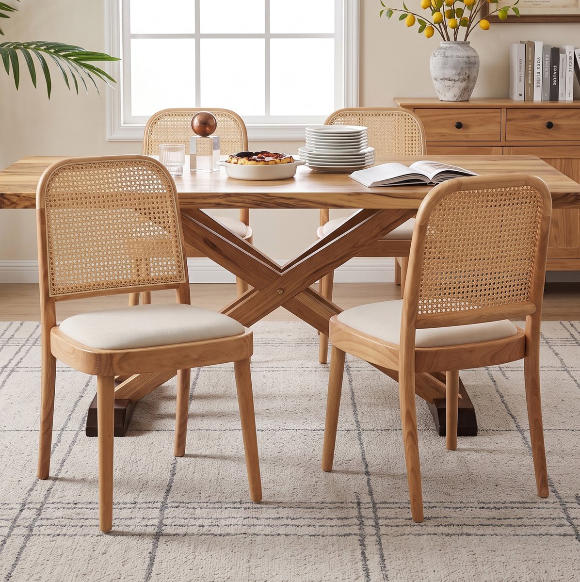MODENUIT Eetkamerstoel 45 x 52 x 84 cm - Set van 4 Rotan Rugleuning - Eetkamer - Hout En Stof - Houtkleur