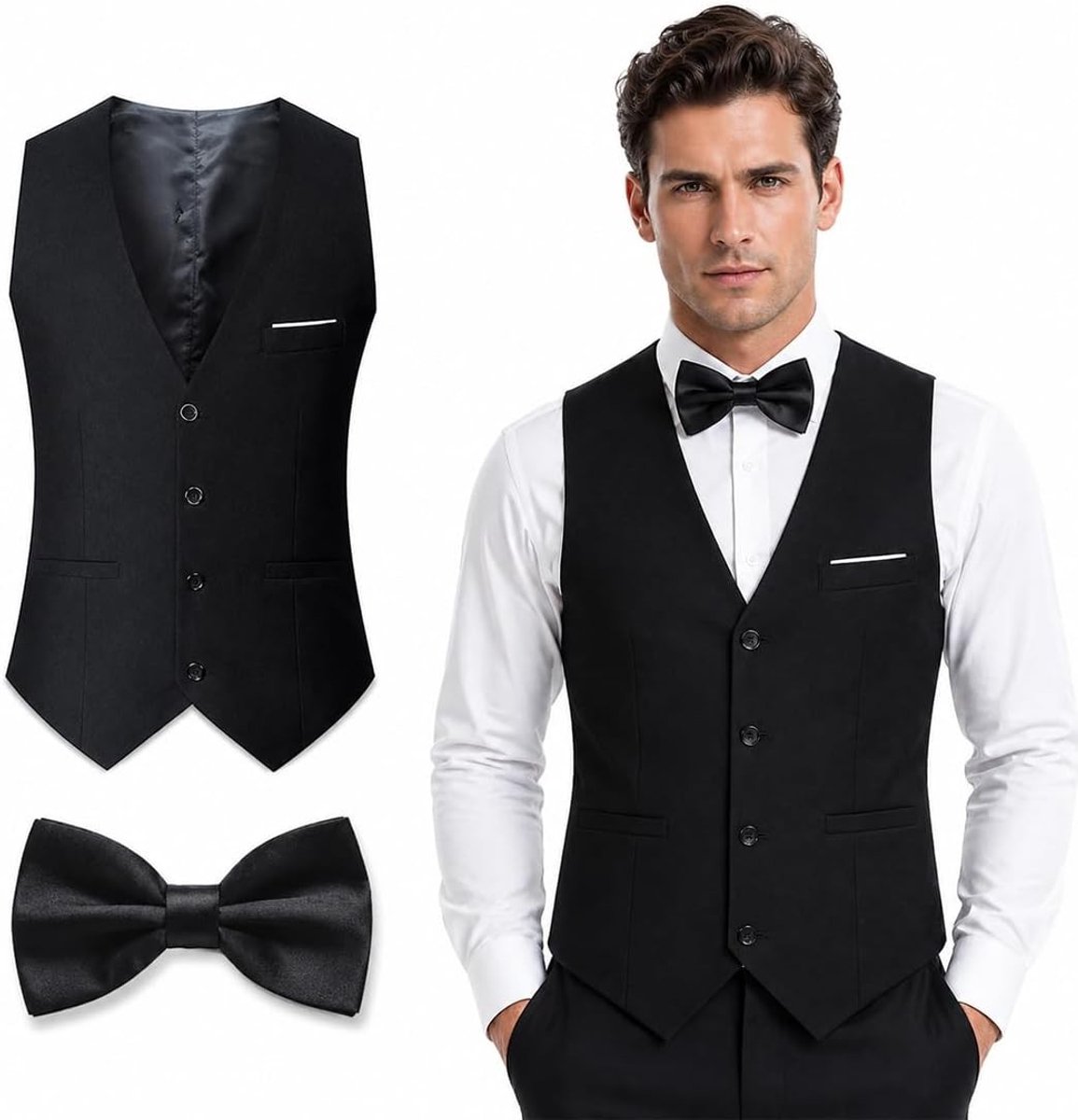 Elegante polyester cardigan voor heren, slim fit vest met strikje voor bruiloften en zakelijke evenementen, maat XL, zwart