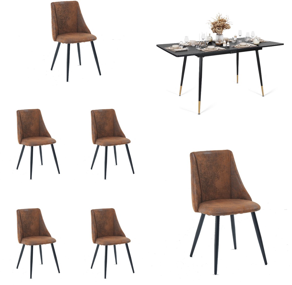 Eetkamerset - Uittrekbare Tafel En 6 Vintage Suede Stoelen - Bruin
