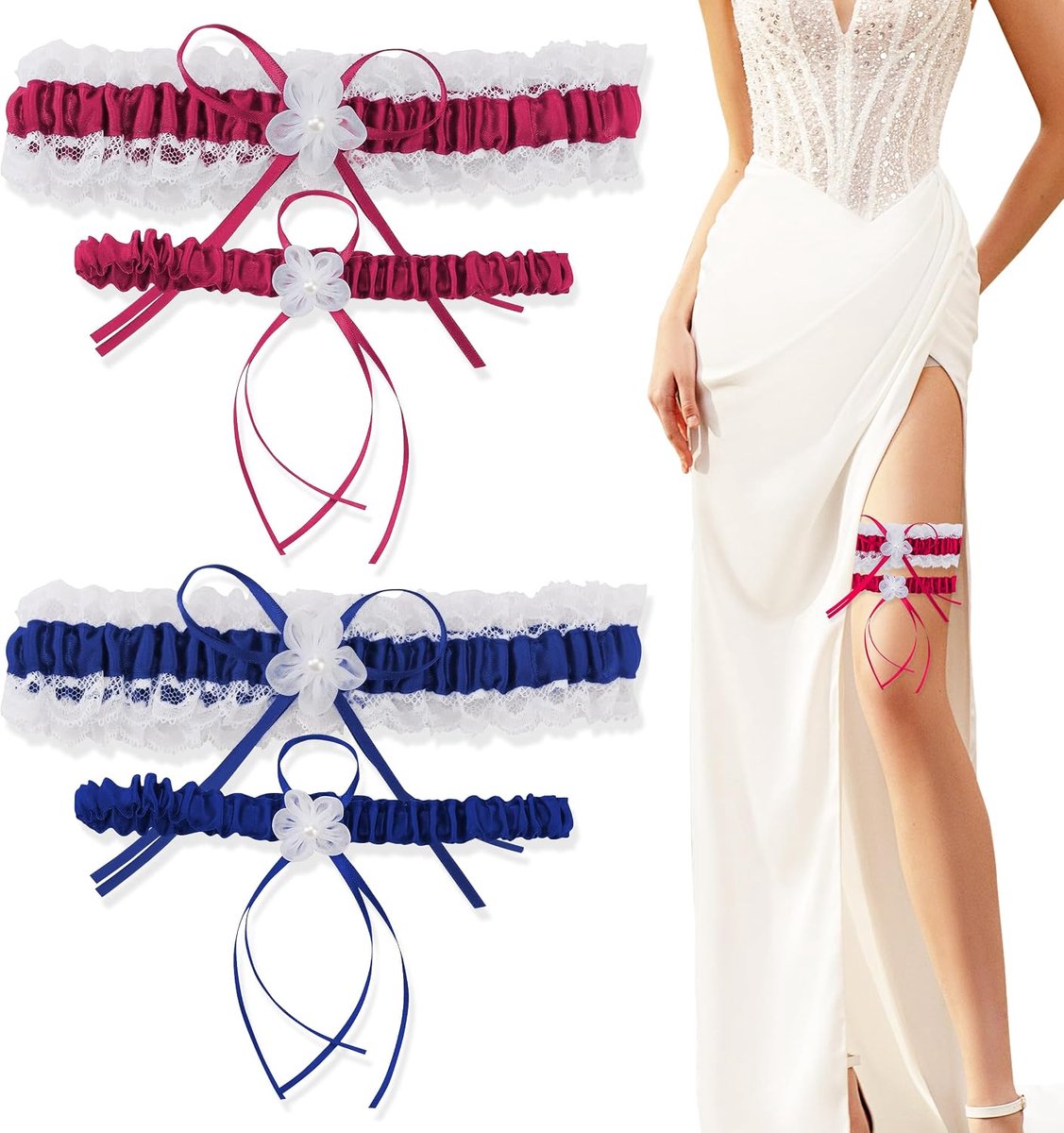 2 Paar Kousenband Bruiloft, 2 Kleuren Elastische Bruids Kousenband Kousenbanden, Bruiloft Kousenband Bruidskousenband voor Dames Bruidsfeest Bruiloftsdecoratie
