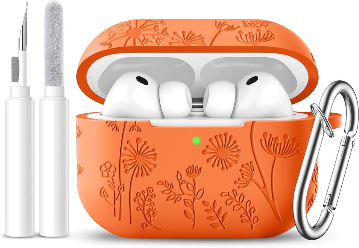 Easuny Voor AirPods Pro 3 Hoesje 2025 - Bloemen Gravure Siliconen Beschermhoes Compatibel met Apple AirPods Pro 3e Generatie - Stootbestendige Hoes met Karabijnhaak & Reinigingsset - Oranje