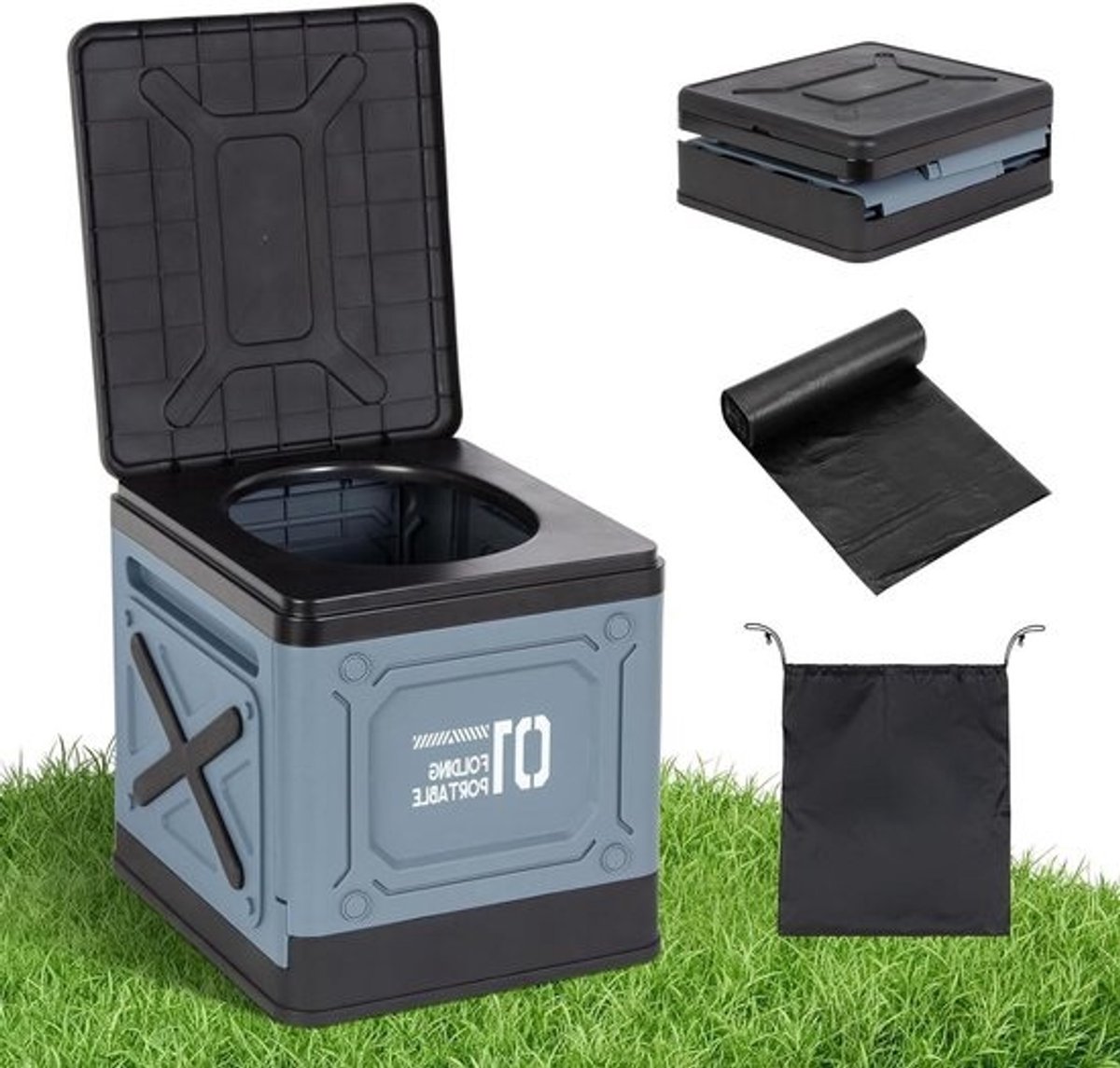 Opvouwbaar draagbaar toilet met vuilniszakken en opbergvakken voor volwassenen - ideaal voor camping en outdoor gebruik