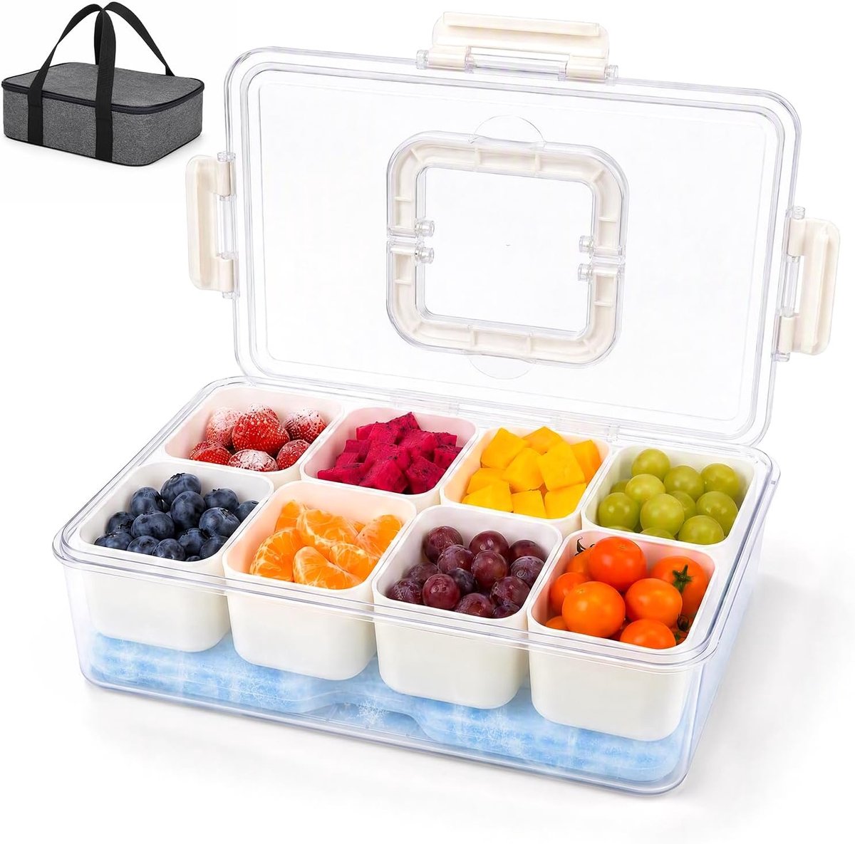 Snackbox met 8 compartimenten, herbruikbaar koelelement en geïsoleerde tas; vaatwasmachinebestendig en BPA-vrij; snackbordje met deksel en handvat; snackbox voor fruit, noten, snoep, picknicks, reizen