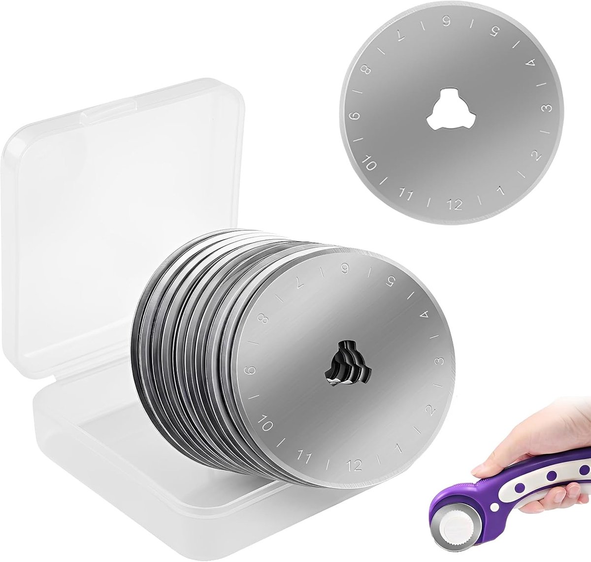 Roterende messen 45 mm voor cuttermessen met getrapte schaal, reservemessen van gelegeerd staal voor papiersnijder, stof, naaien en patchwork, set met opbergdoos, zilver