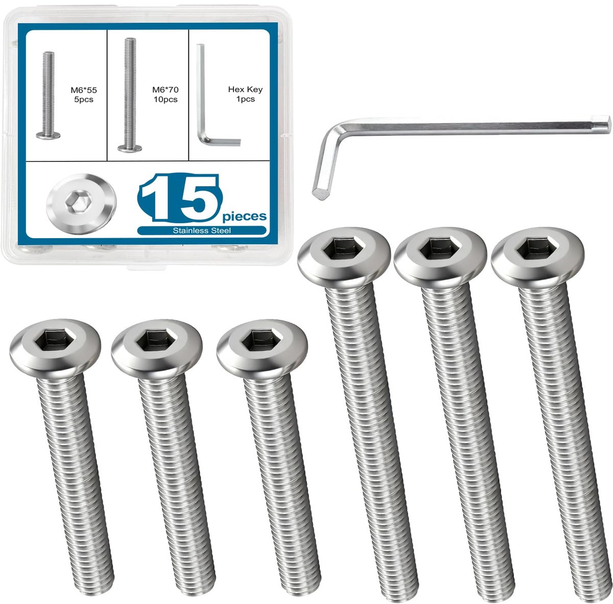 15 stuks inbusschroeven met verzonken kop, 55 mm/70 mm roestvrij staal, incl. inbussleutel voor meubels en precisiemontage