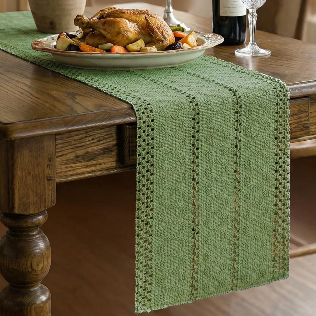 Tafelloper Saliegroen Boho Farmhouse Stijl, 30x183 cm, Geweven Katoen en Linnen voor Keuken en Eetkamer