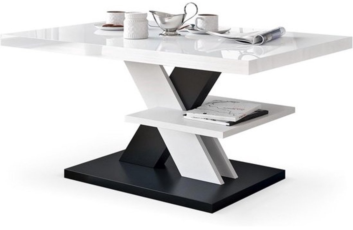 Moderne hoogglans salontafel in zwart en wit met legplank