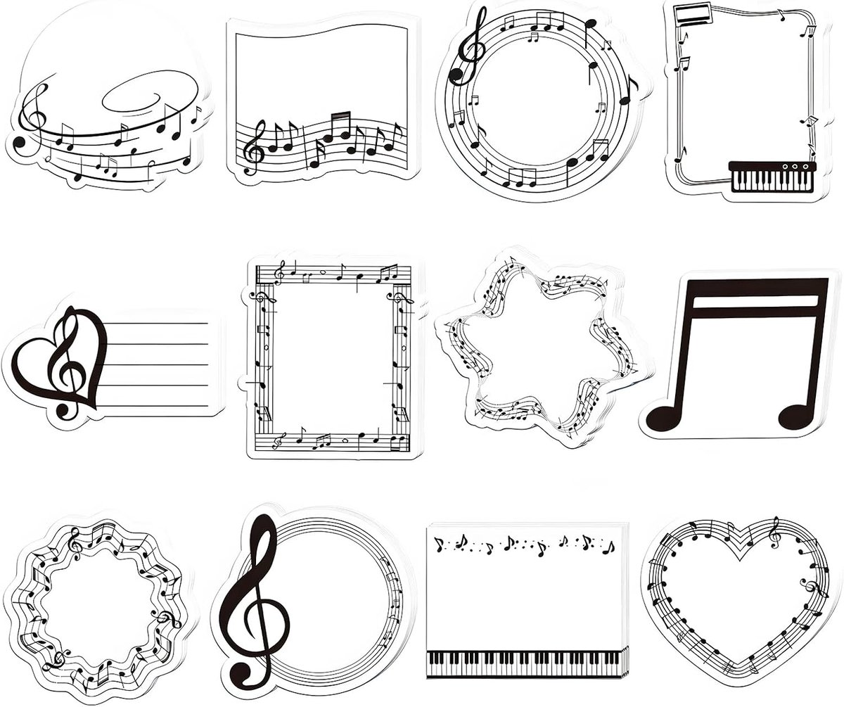 Set van 12 designs, zelfklevende notities, 240 vellen, muzieknoten, post voor school, kantoor, studie, cadeau voor muzikanten, leraren en studenten