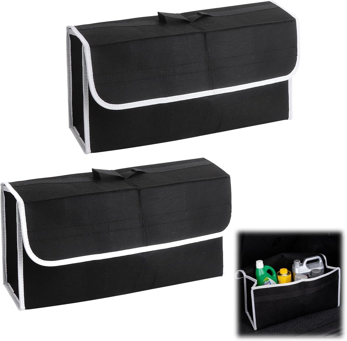2 stuks kofferbakorganizer, kofferbaktas, opvouwbare auto-opbergtas, vilt met klittenbandsluiting, antislip, stabiel, grote kofferbaktas, klapdeksel, universele auto-organizer
