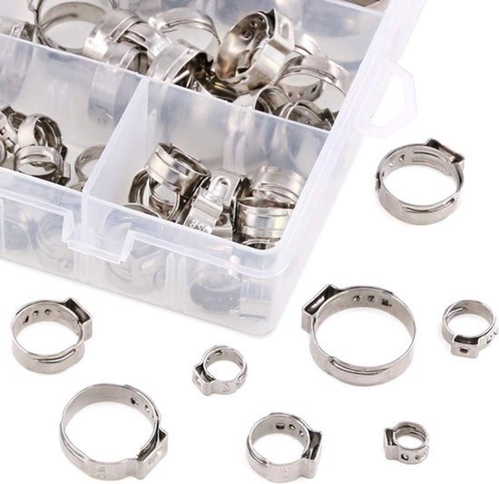 120 Pcs 8 Sizes 304 Stainless Steel Single Ear Hose Clamps - Heat Shrink Hose Clamp Assortment Set - Ear Cinch Rings Crimping Pinch Fitting Tools Perfect for Car - Home Appliances Line — afbeelding 2