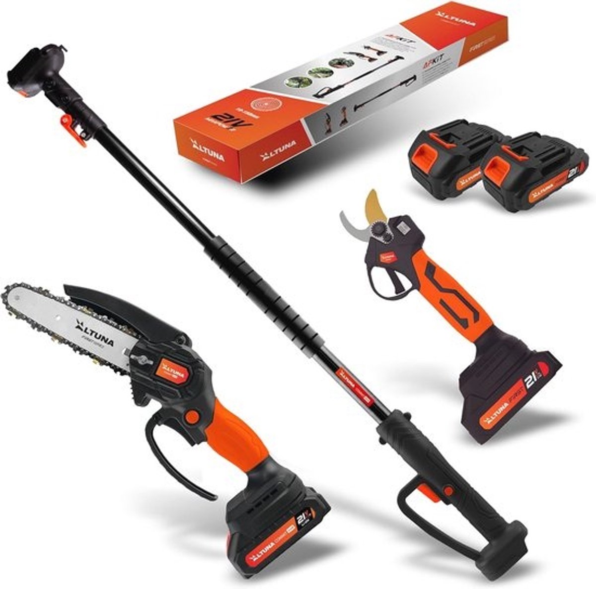 Titanium Batterijtakkenset – Accu-kettingzaag en Elektrische Snoeischaar met T telescoopstang tot 3,7 m – Inbegrepen 2 Accu's, Oplader en Beschermbril
