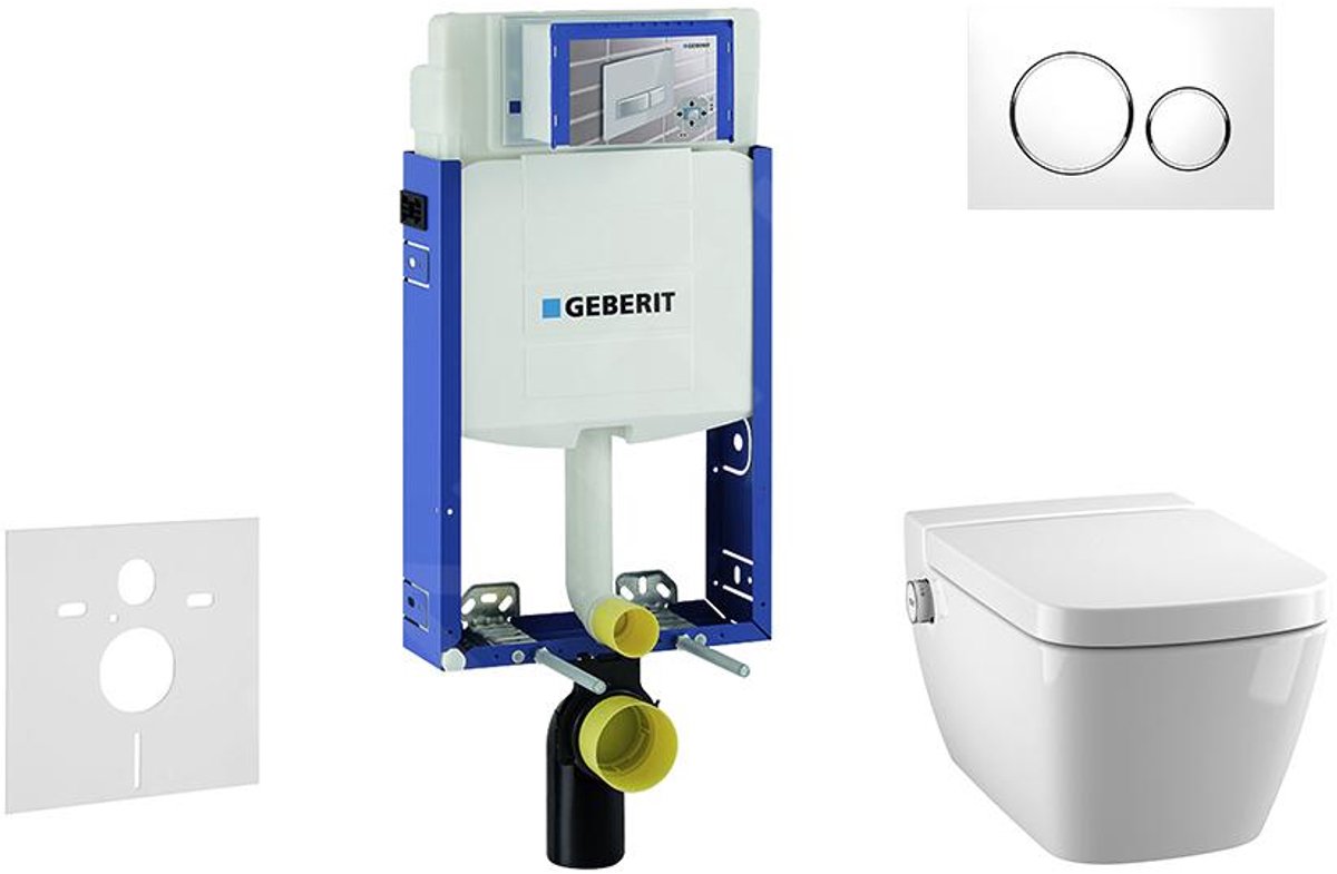Inbouwreservoir voor hangend toilet met SIGMA20 bedieningsknop, wit/glanzend chroom + Tece One - hangend douche-wc en wc-bril, Rimless, SoftClose