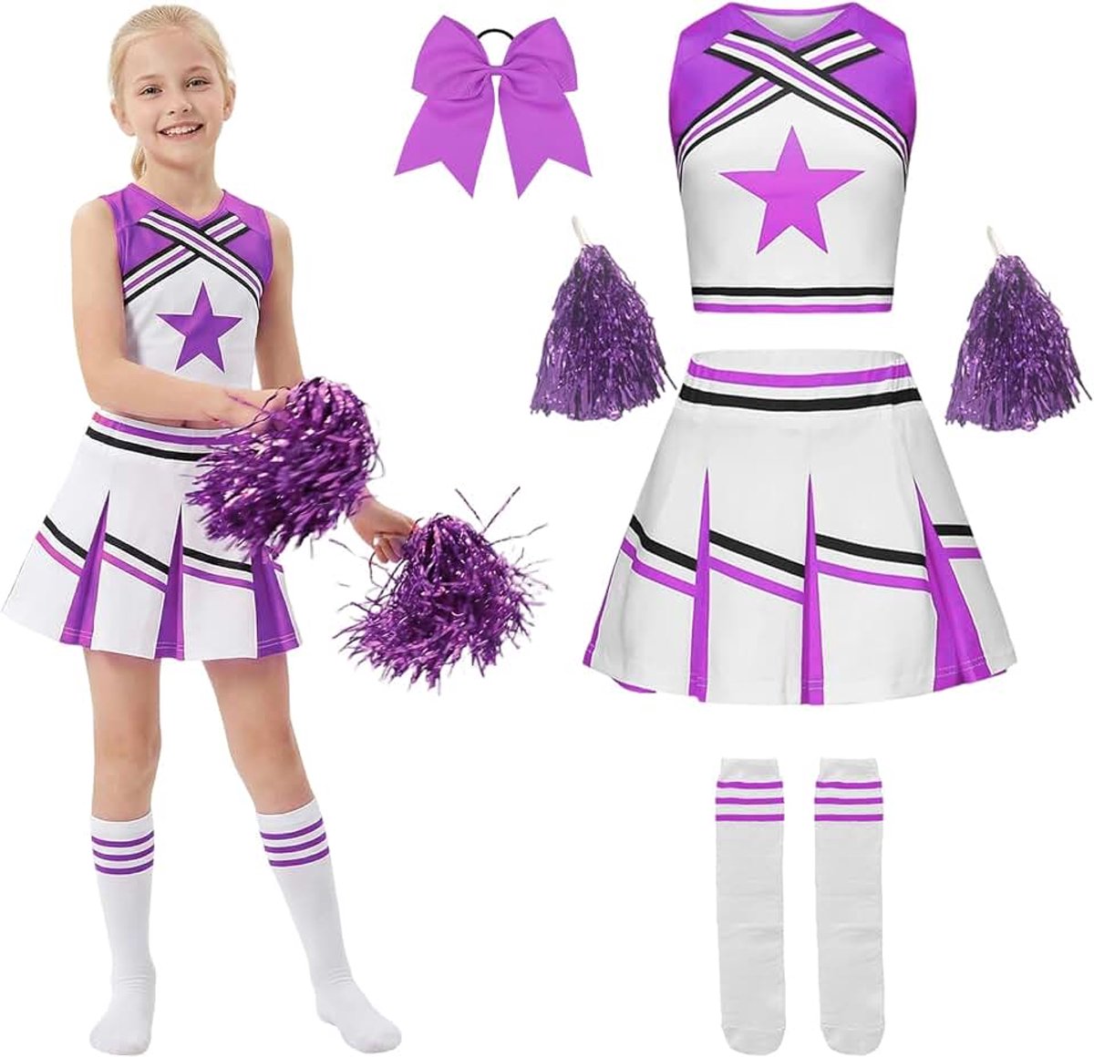 Cheerleader-kostuum voor meisjes, met cheerleader, met pompons en strik, haarelastiek, cheerleading carnavalskostuum voor meisjes, voor carnaval, Halloween