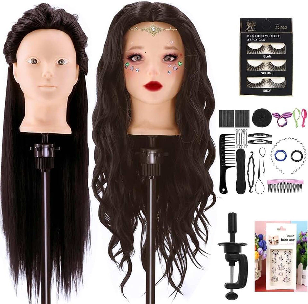 Kappershoofd, 71 cm, stylinghoofd, 80% echt haar, oefenhoofd, mannequin-hoofd om te oefenen met klem en haarstyling-vlechtset (Brwon)