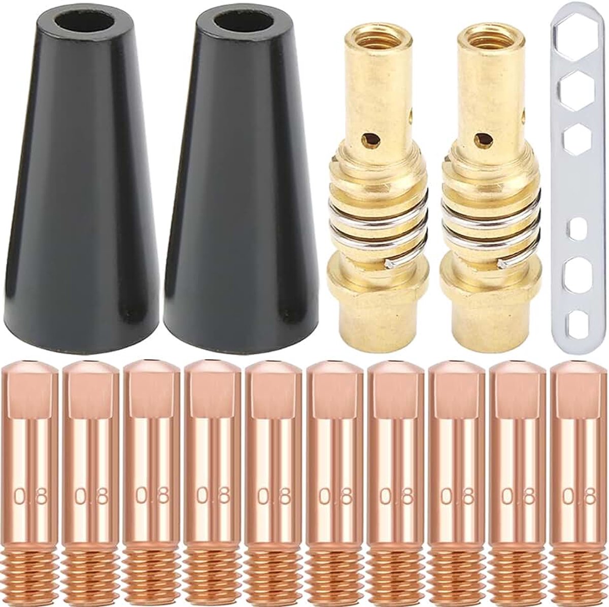 15AK Laspistool accessoire, contacttip 0,8 mm M6, Flux Core Gasloze Nozzle, Tipshouder Diffuser, Lastoorts Accessoire voor MB15 15AK MIG Lastoorts (15 stuks)