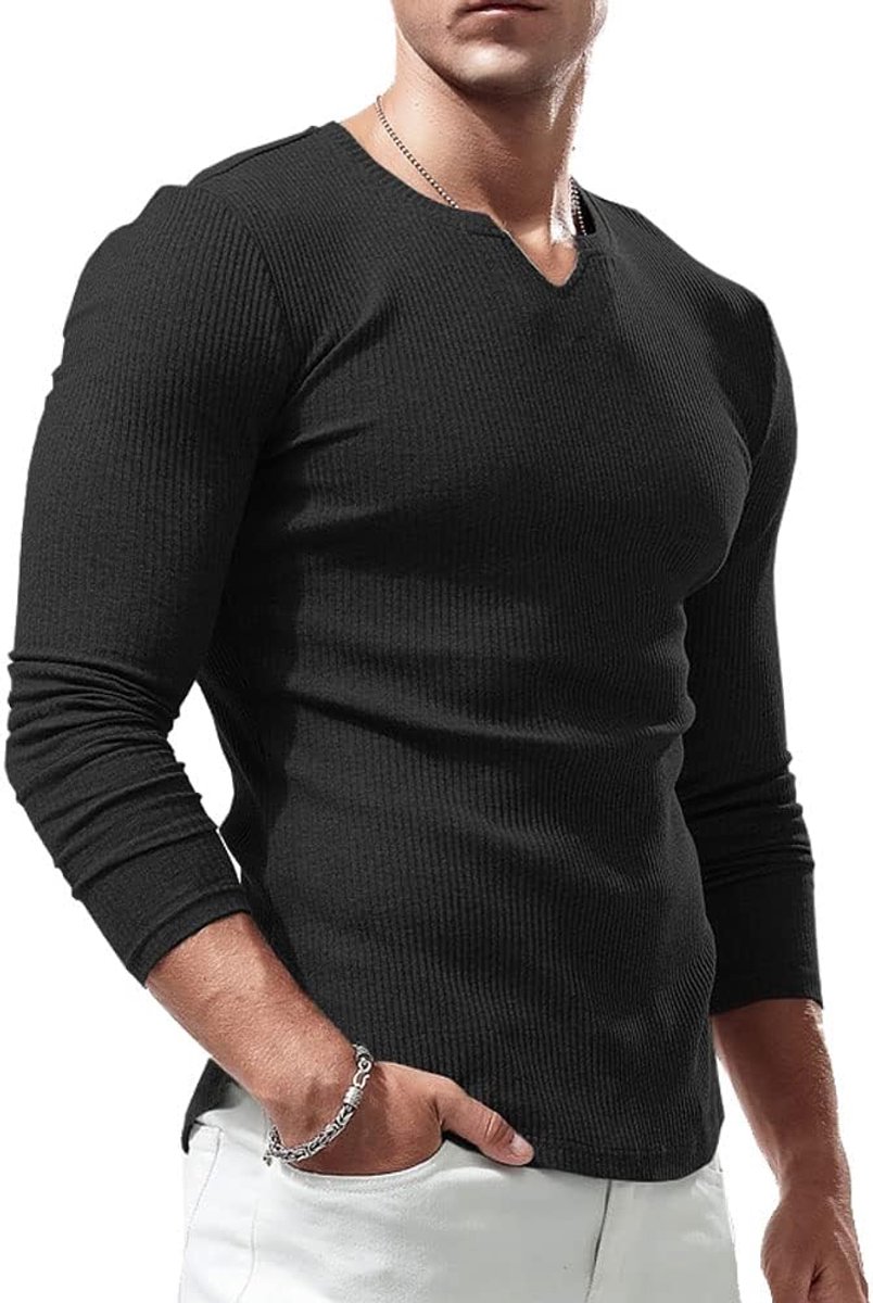 Sport-T-shirts met lange mouwen en korte mouwen voor heren, V-hals stretch, gespierde pasvorm, casual ondergoed, thermo-shirt voor heren, lichtgewicht T-shirt met lange mouwen en korte
