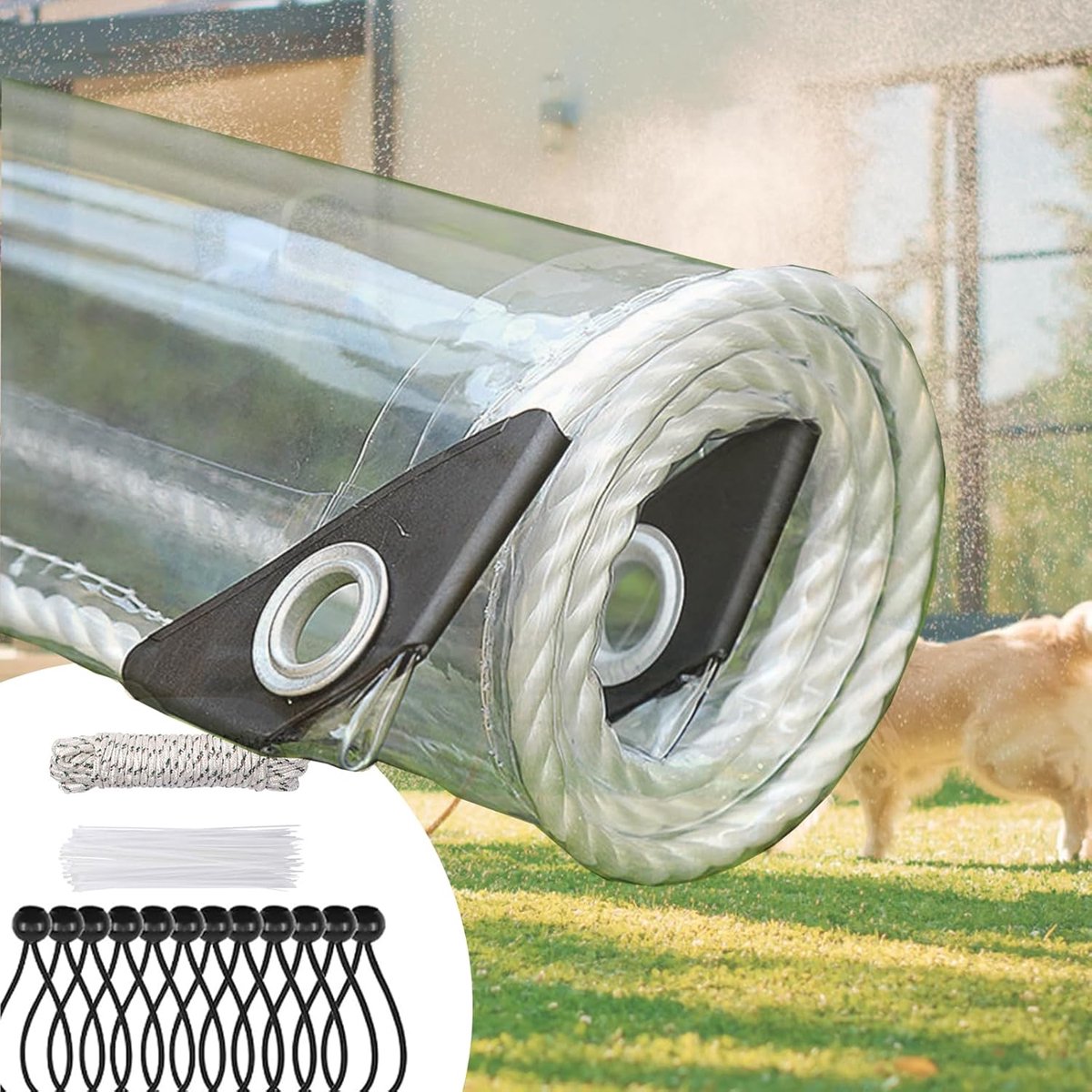 PVC-zeildoek 420 g/m², waterdicht zeildoek met oogjes multifunctioneel waterdicht zeildoek voor buiten, kleur: transparant riemaccessoires (4×6m)
