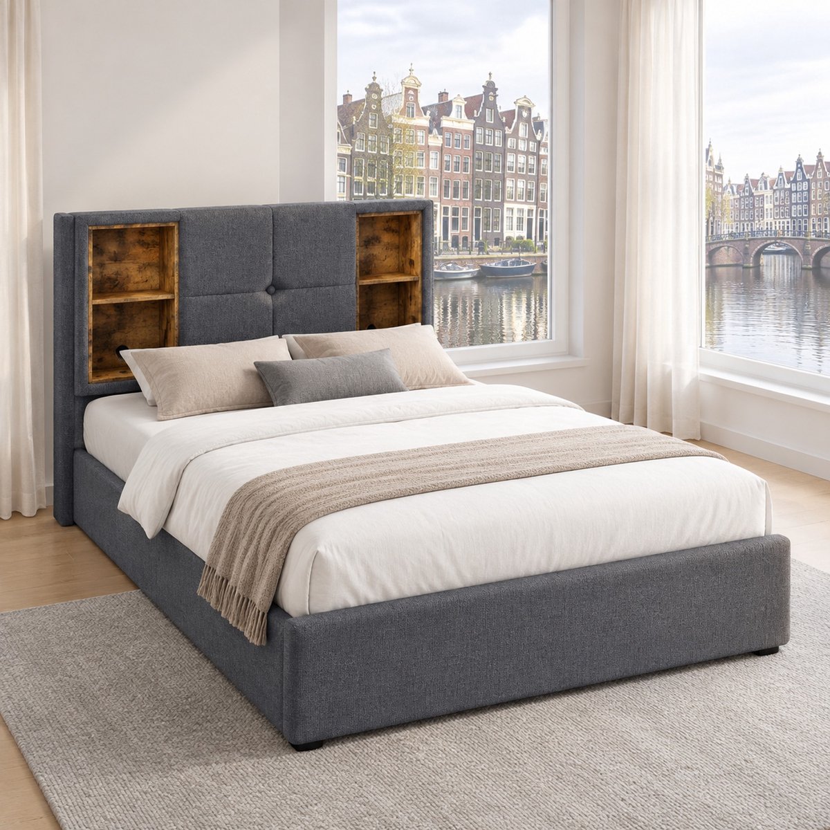 WUVRIE Gestoffeerd eenpersoonsbed 90x200 cm met opbergruimte, houten lattenbodem, draadloos laden, USB en Type-C, grijs