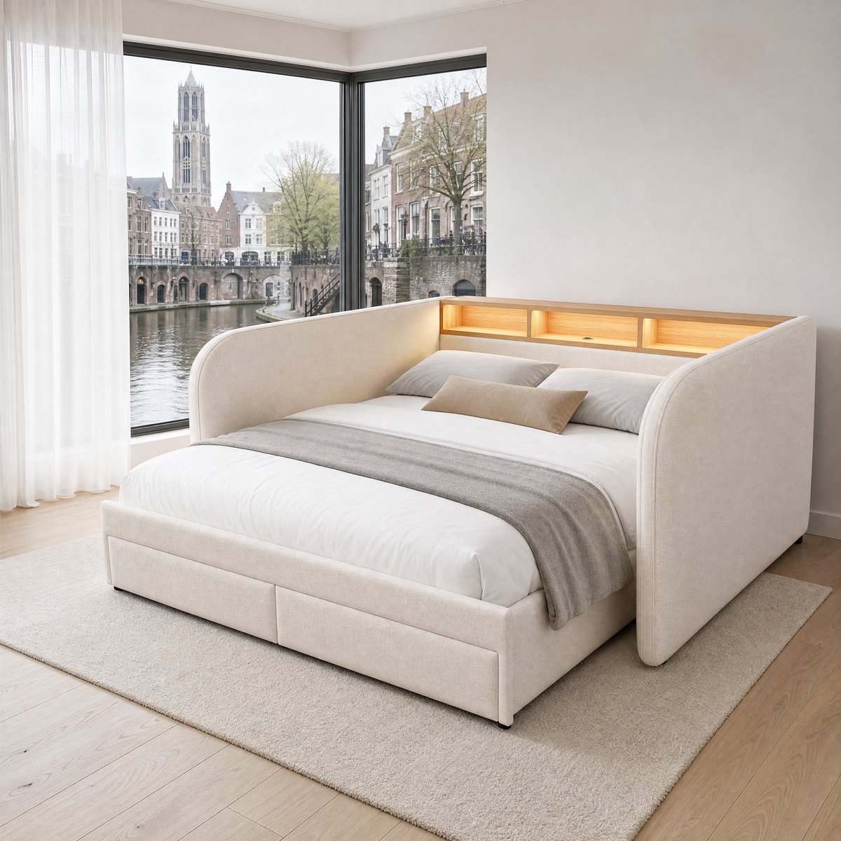 WUVRIE Gestoffeerd dagbed 140x190 cm met LED, USB-C, 2 lades en opbergruimte, lichtbeige, zonder matras