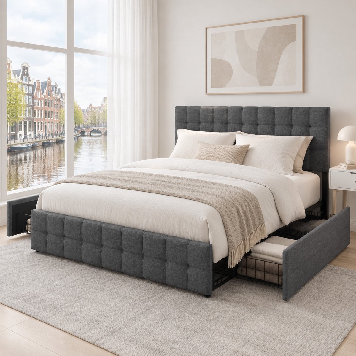 WUVRIE Gestoffeerd tweepersoonsbed 140x200 cm met 4 lades, metalen lattenbodem en verstelbaar hoofdeinde, grijs