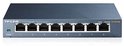 Grijze TP-Link TL-SG108 desktopswitch met 8 genummerde gigabit-poorten en stroomlampje, recht van voren.