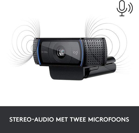 Logitech C920 webcam met stereogeluid via twee microfoons.