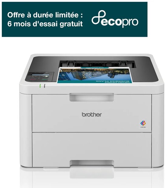 Witte Brother-printer met een afdruk van een stadsgezicht. Bovenin staat: Offre à durée limitée : 6 mois d'essai gratuit.