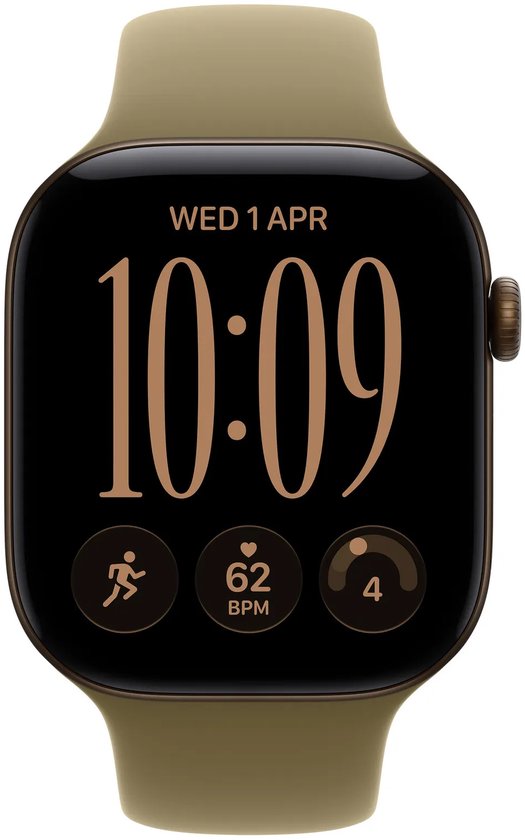 Donkerbrons smartwatch met olijfgroene siliconen band, digitale tijd 10:09 en activiteitsgegevens op display.