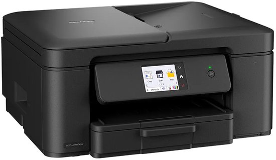 Zwarte Brother DCP-J1460DW inkjetprinter met touchscreen, getoond vanaf de rechtervoorzijde.