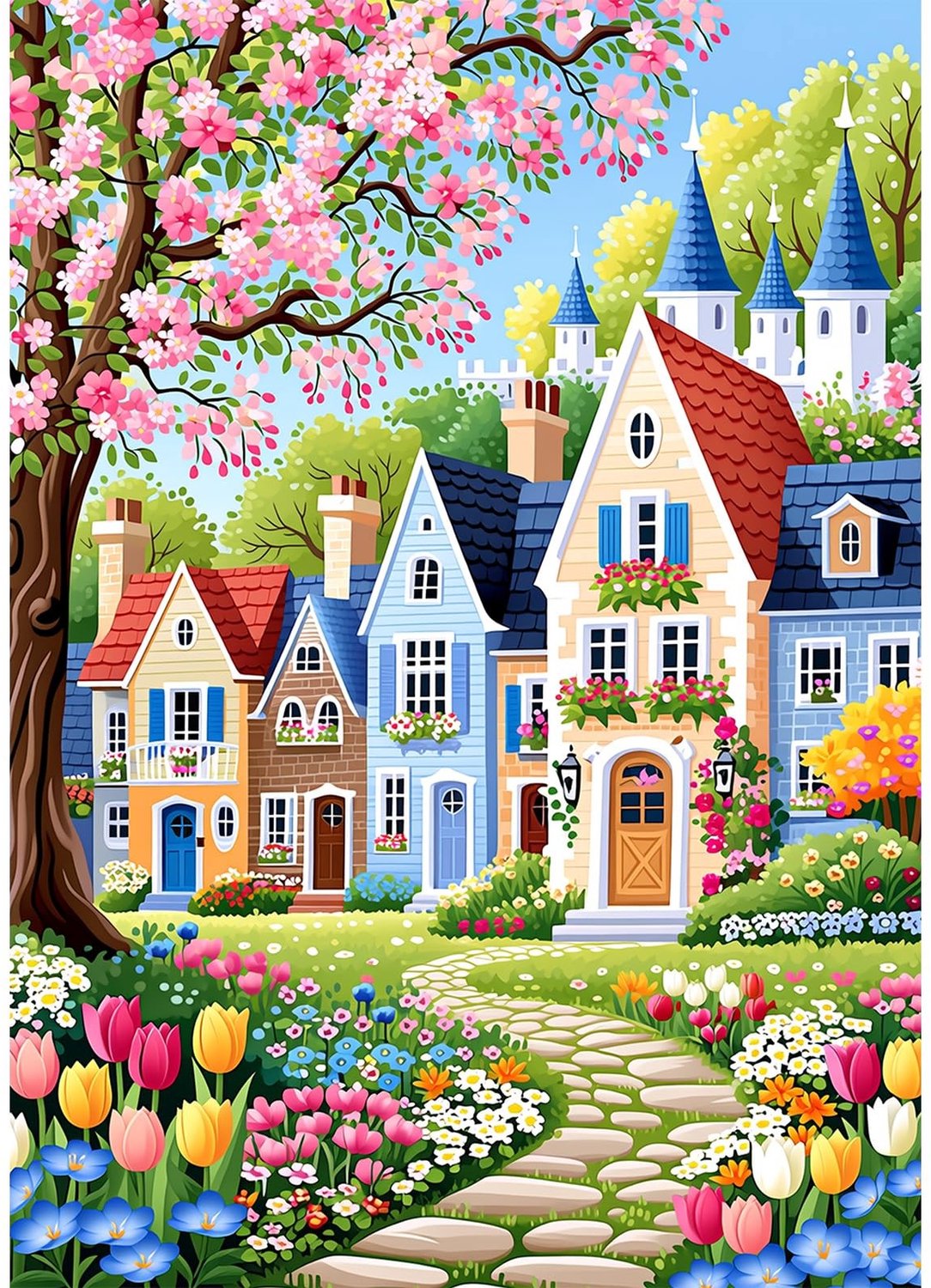 Diamant Schilderij Set voor Volwassenen - 5D Sprookjesdorp en Bloemen
