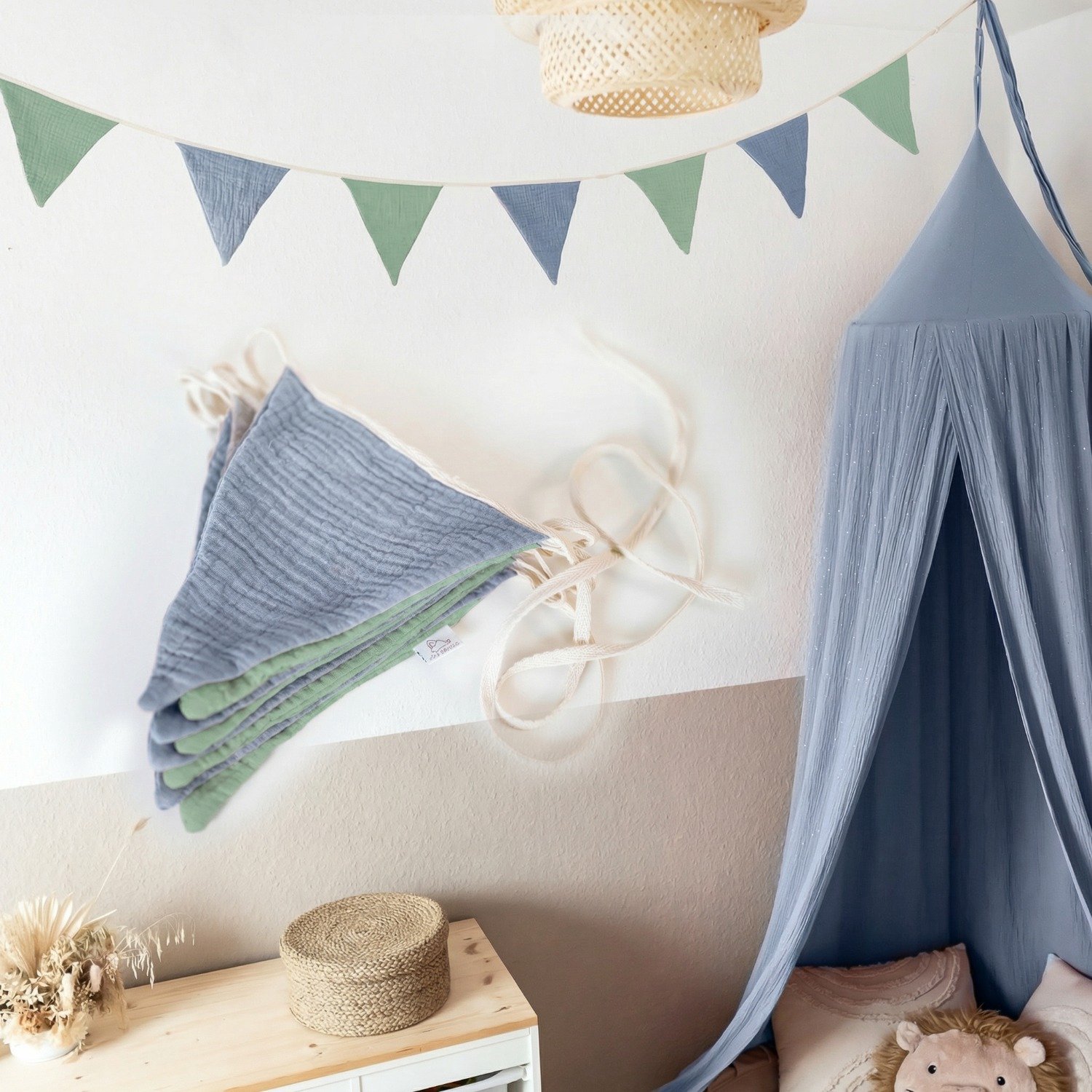 LILIMAUS Vlaggenlijn stof kinderkamer - stoffen slinger van mousseline katoen - 300 cm - blauw en groen