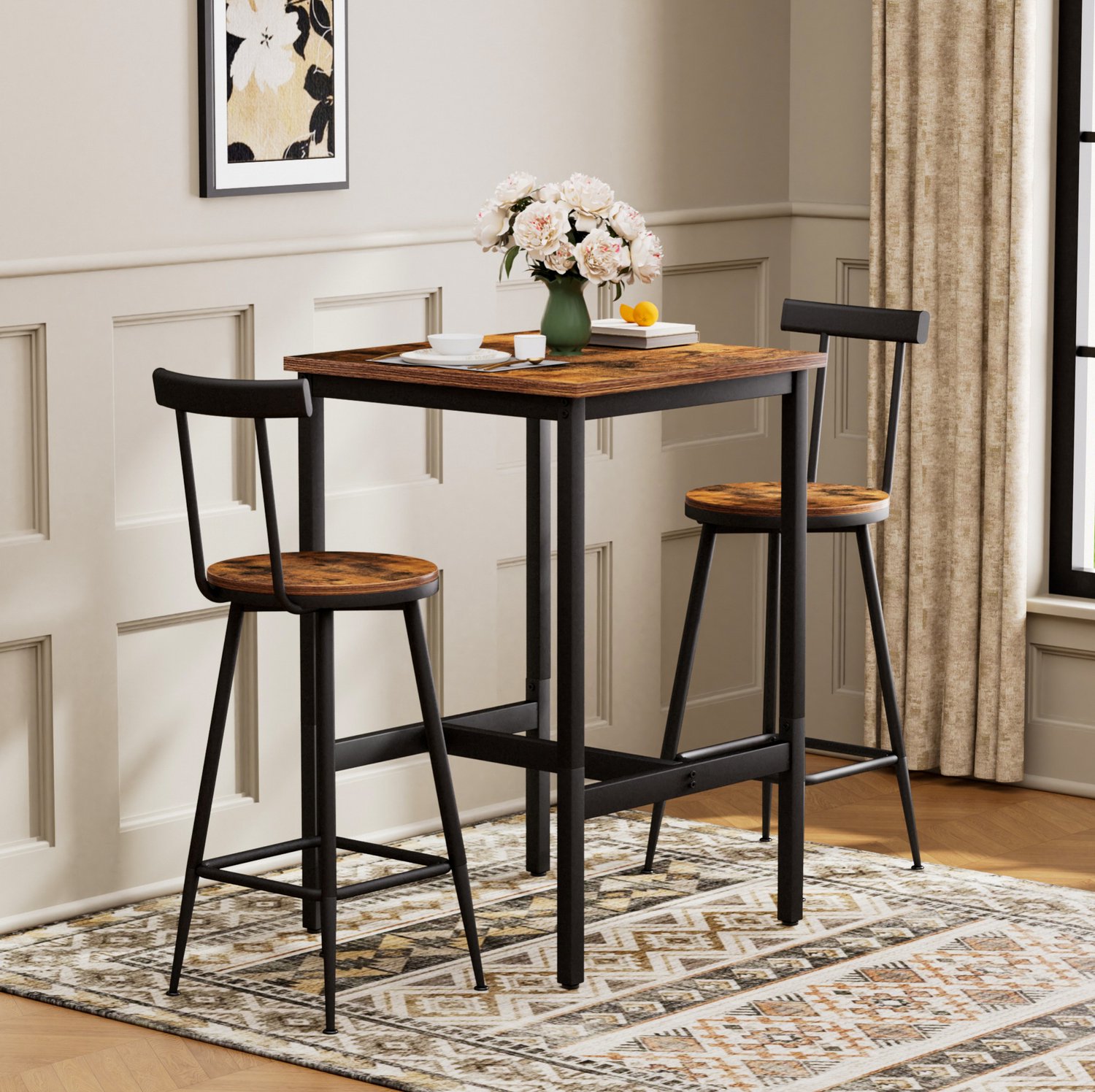CHICFURN Bartafel - 2 personen - krukken onder tafel - 3-delige set - rustiek bruin