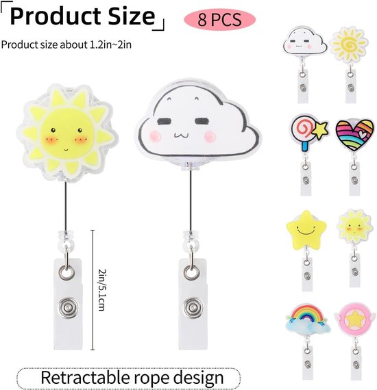 8 Stuks Schattige Badge Reel Met Retractable Badge Holder en Clip, Wolken, Regenbogen en Sterren Ontwerpen, Leuke Cartoon ID Badge Clips voor Verpleegkundigen, Artsen en Studenten — afbeelding 5