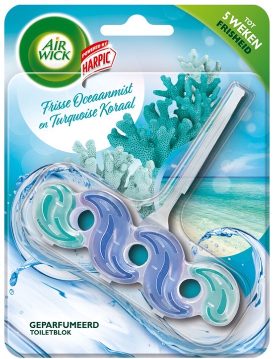 Air Wick toiletblok in de geur Frisse Oceaanmist & Turquoise Koraal, met een tropisch strand en koraalafbeelding.