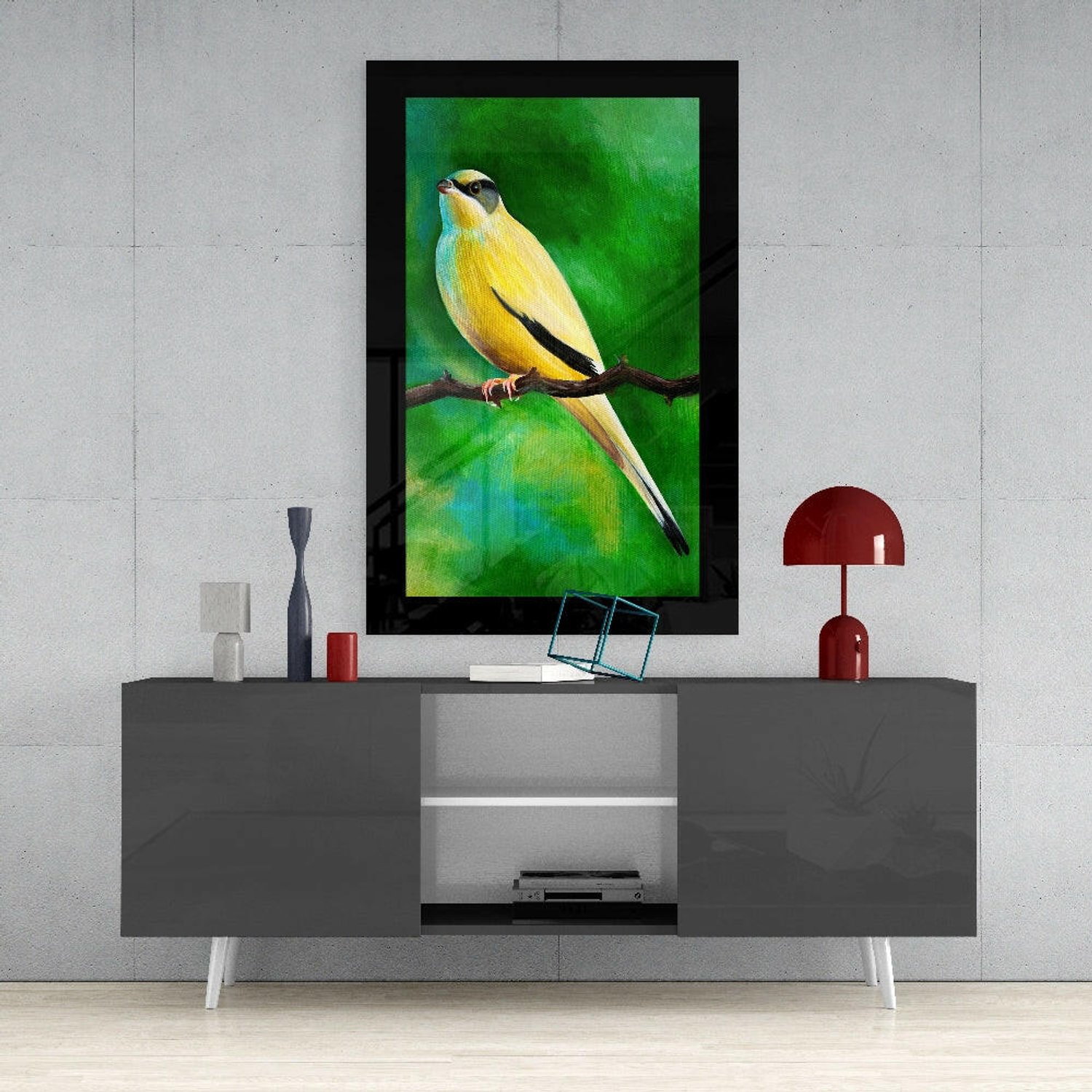 Glasschilderij – Vogel op Tak – Moderne Kunstdecoratie