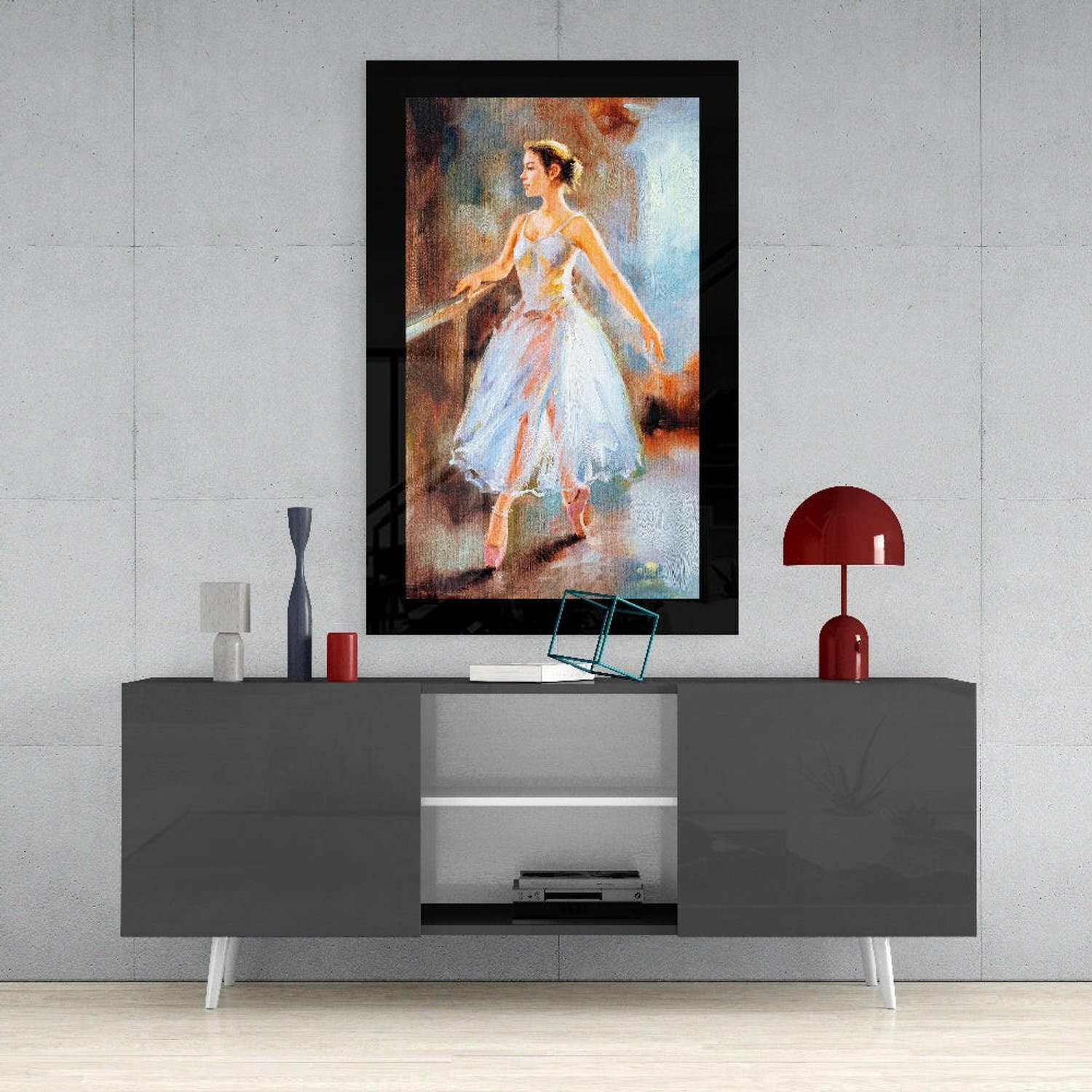 Glasschilderij – Ballerina in Barre, Geschilderd met Olieverf – Moderne Kunstdecoratie