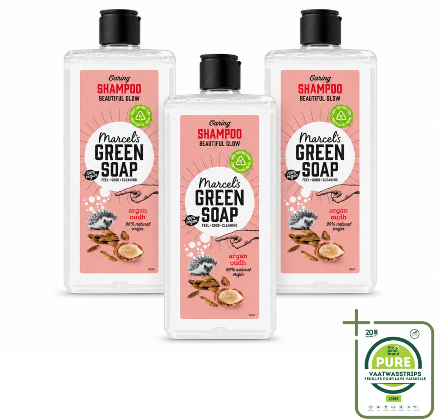 3 x Marcel's Green Soap - Shampoo - Argan & Oudh - Versterkt & verzorgt - 300 ml - Grootverpakking - Vaatwasstrips - Haarverzorging - Natuurlijke Shampoo - Arganolie - Oudh Geur - Vegan Shampoo