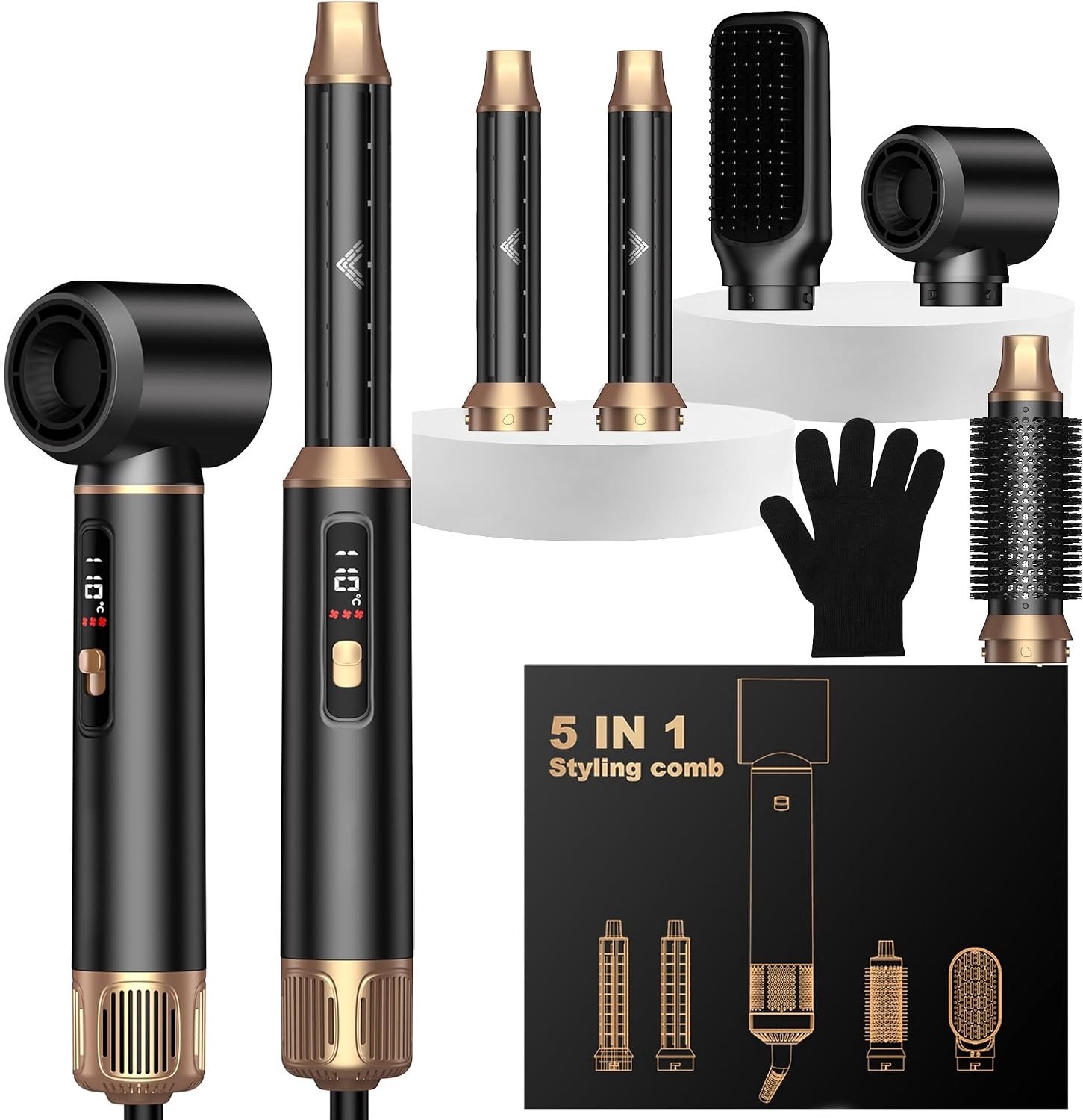 5-in-1 Haarstyler - Zwart - Haarstyler met Haardroger en Ronde Borstelföhn - Voor Dames