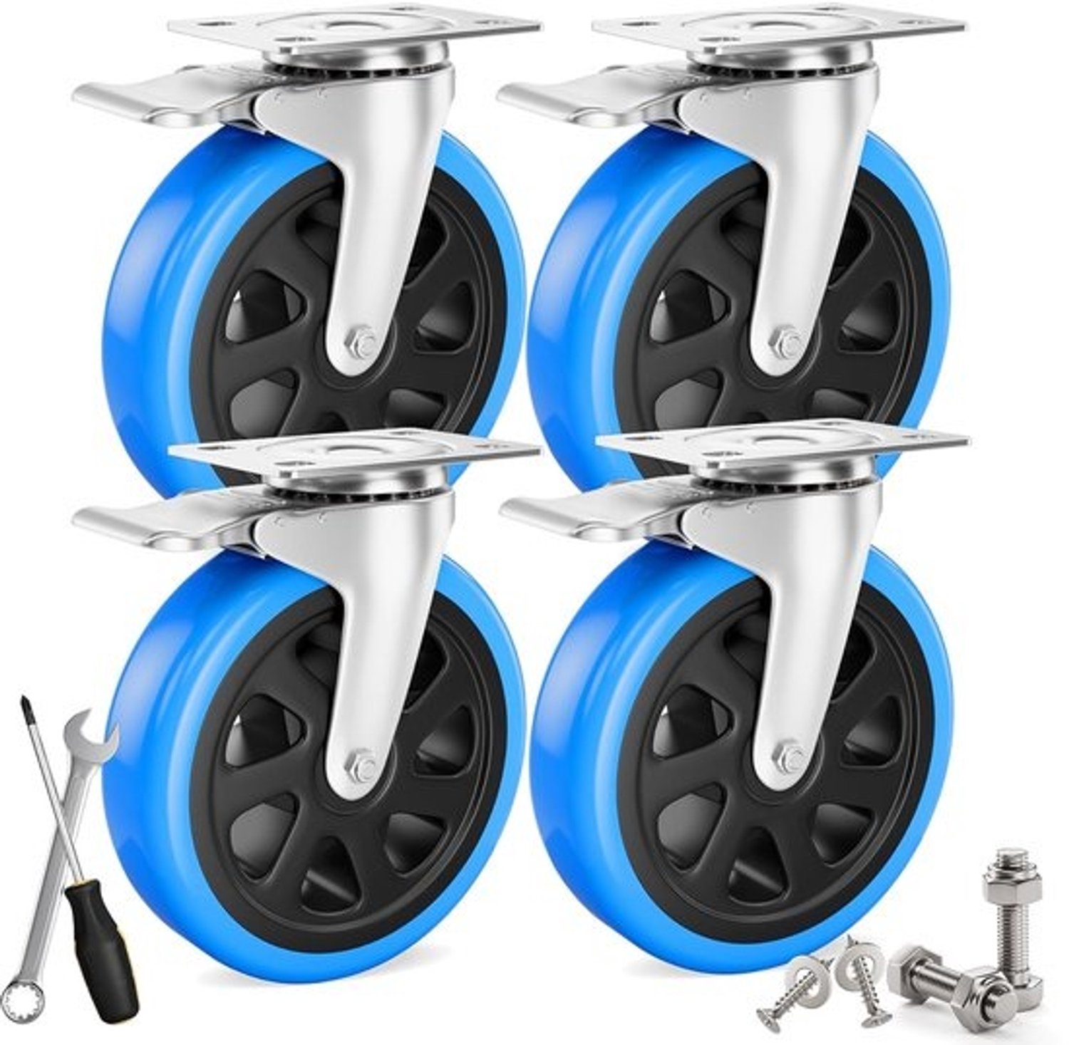 Zware transportwielen - Industriële zwenkwielen - Voor meubeltransport - 360° draaibaar met rem - 125 mm - blauw