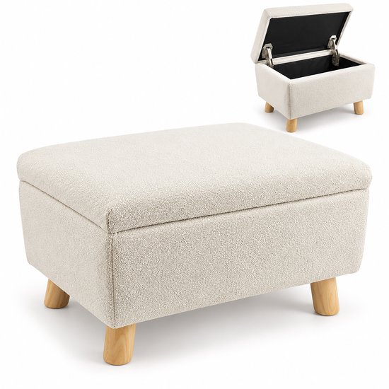 Beige gestoffeerde voetenbank met opbergruimte en houten poten, getoond in gesloten en open stand.