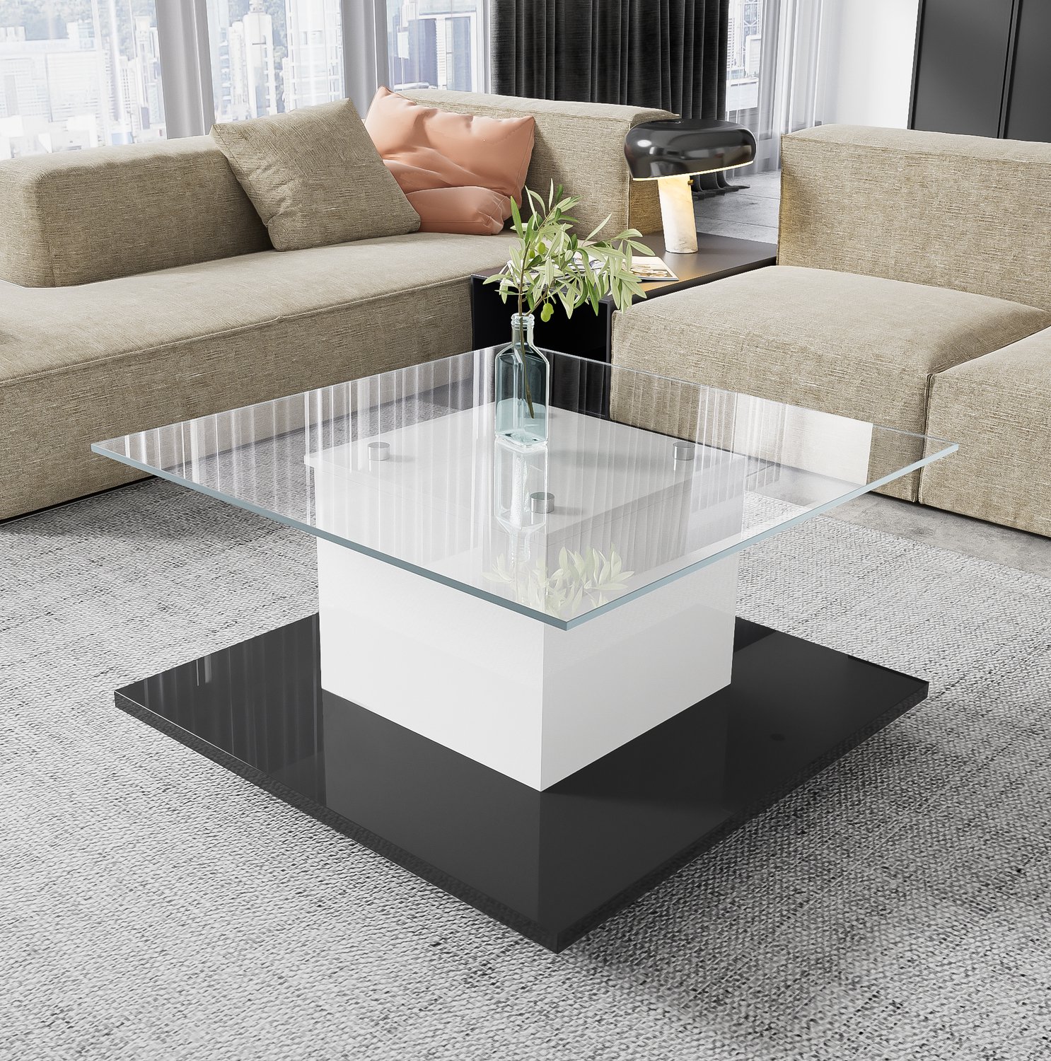CHICFURN Salontafel - LED-verlichting - Zwenkwielen - Vierkant - Zwart en wit Wit en zwart