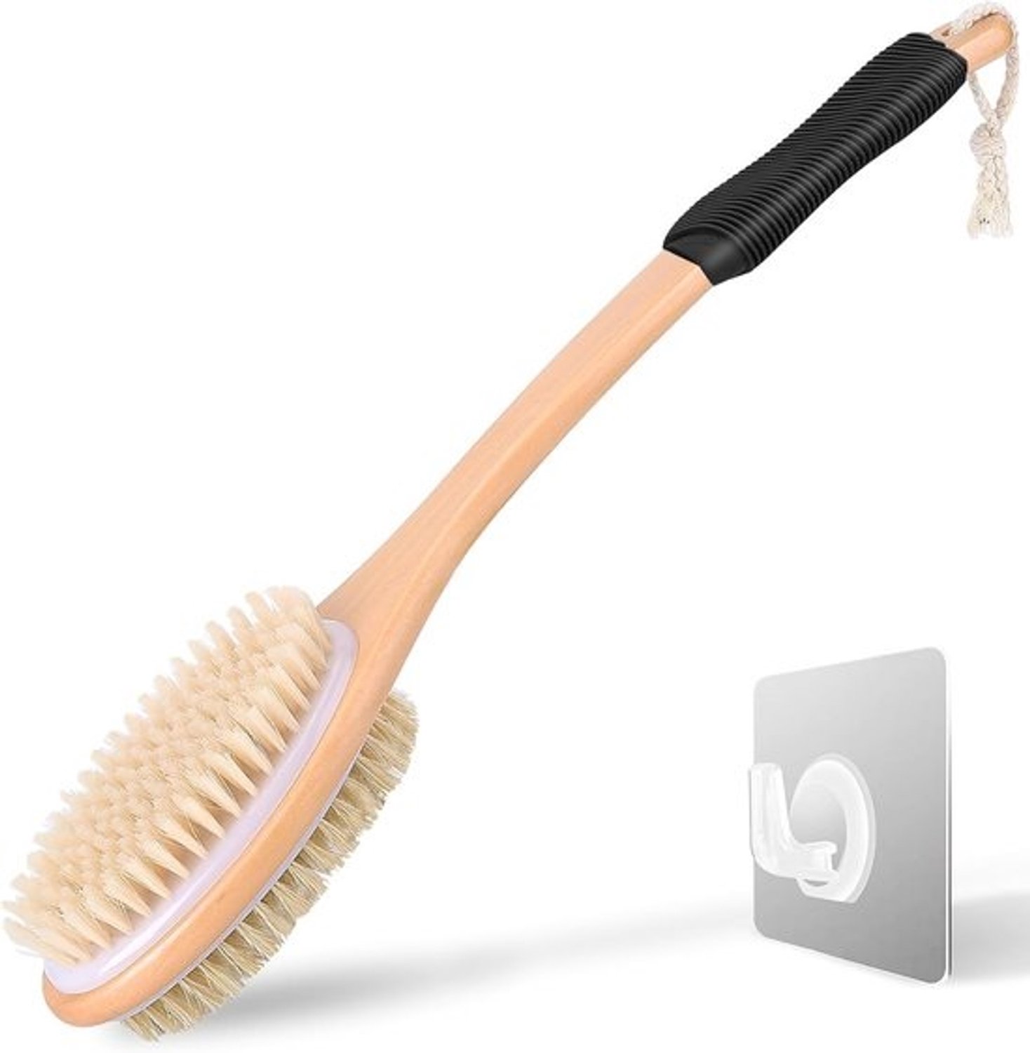 Rugschrobber met Lange Steel - Doucheborstel - Huid Reinigen - Dubbelzijdig Exfoliërend - 43 cm Lengte - Zwart