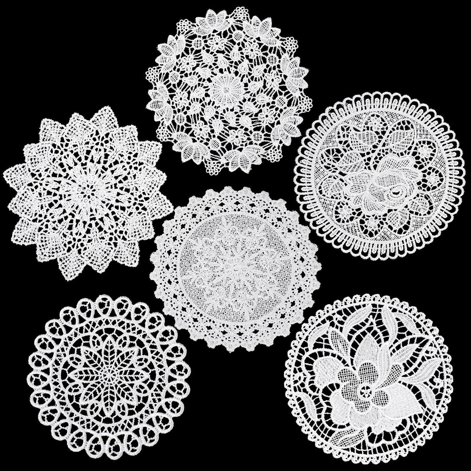 Set van 6 Vintage Haak Lids, 15 cm Witte Ronde Kant Coasters, Handgemaakte Decoratieve Lids voor Tafels, Vazen en Ambachtelijke Versieringen