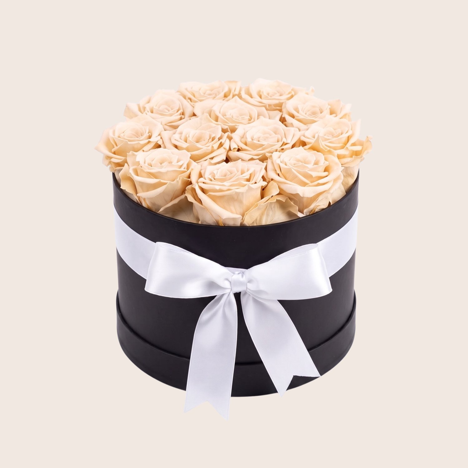 Charle Roses Signature - Rozenbox met 12 echte houdbare rozen - 20 x 14,5 cm - Champagne Gold goud - zwarte cadeaubox met lint