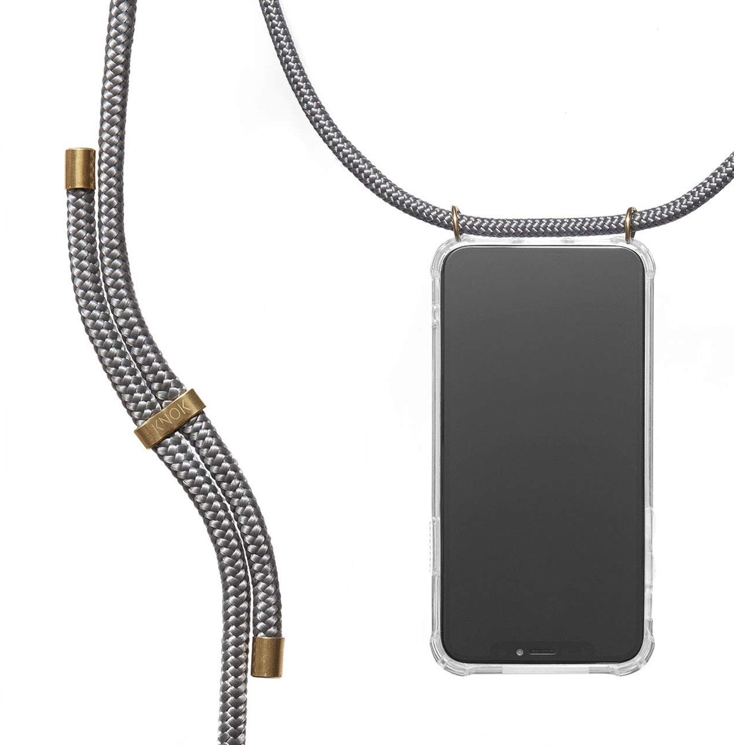 Telefoonhoes met Lanyard voor iPhone 16 Plus - Transparante Silicone Band - Grijs