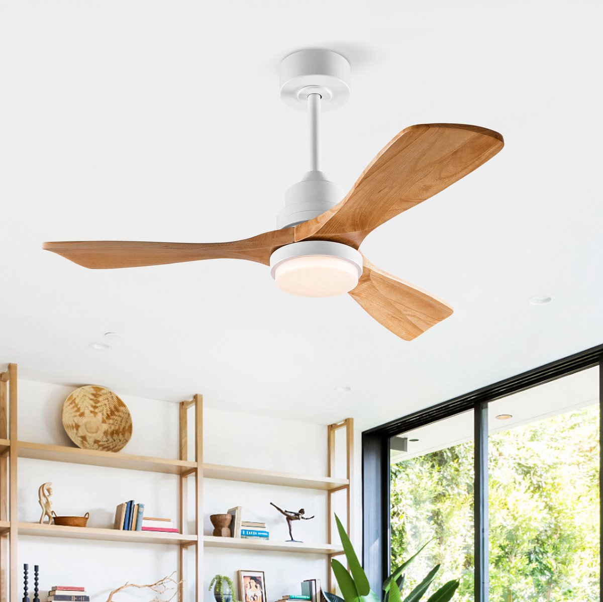 COVREO Plafondventilator met licht en afstandsbediening – 42 inch – Ventilator voor binnen en buiten – 6 snelheden en omkeerbare stand – Wit houtkleur