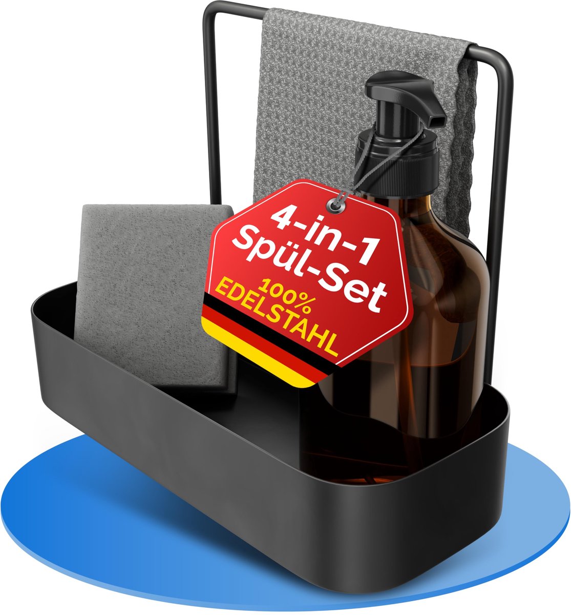 Keuken Spoelbak Organizer - Roestvrij staal - Met spons-, vaatdoek- en afwasmiddelhouder - Zwart