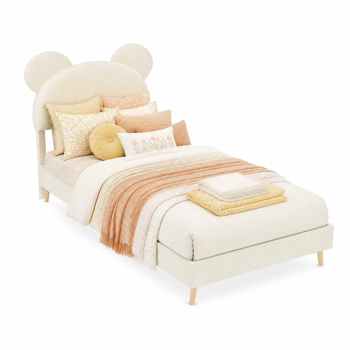 WUVRIE Normaal bed 90x200 cm met cartoon-hoofdeinde, beige, kinderkamerbed zonder matras